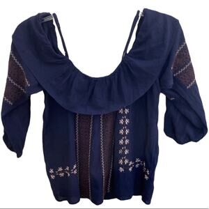 American Eagle Embroidered Navy Off-the-Shoulder Cold Shoulder Top NWT AE